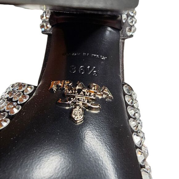 Prada Crystal Embellished Black Ankle Strap Heeled Sandals Size 36.5 US 6.5 - Picture 10 of 10